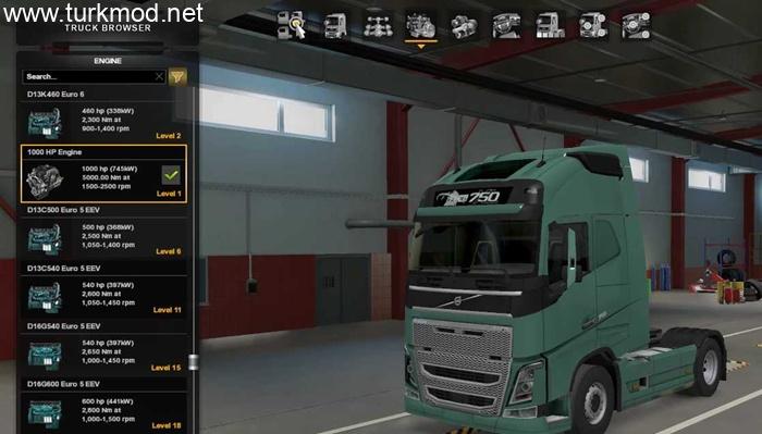 ETS2 - Tüm Çekiciler için 1000HP V8 Motor Gücü Modu (1.55)